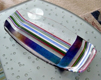 Colorful Dichroic and Iridised Stripes Fused Glass Platter