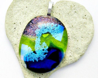 Gorgeous Pink Green Aqua and Blue Dichroic Fused Glass Pendant