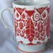 Vintage Red & White Owl Mug Coffee Cup Glass Winking Bird Retro Feather Pattern 1950s 1960s