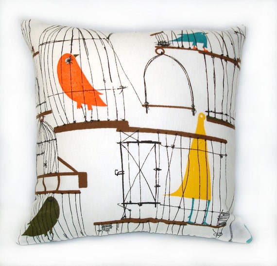 Vintage Fabric Applique Bird Cage Pillow