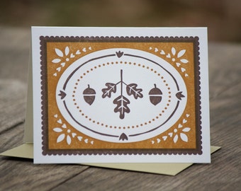 single acorns and oak leaves letterpress card