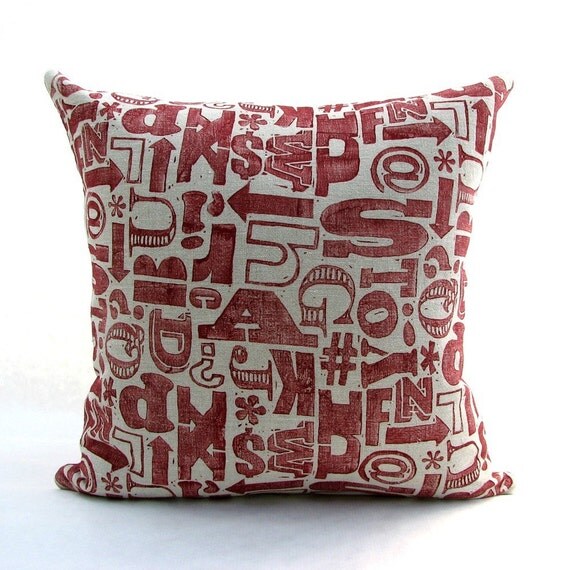 Block Printed Linen Pillow Cover Typography Red
