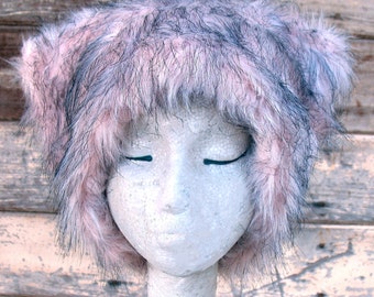 Dirty Kitty - Kozy Kitty HAT - fuzzy faux fur hat EDM raver pale pink black women festival clothing runswithscissors