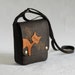 Small linen messenger bag - dark brown - orange brown leather cat applique
