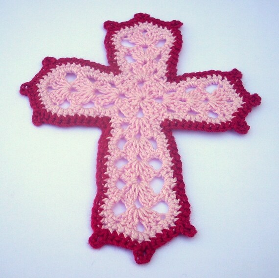 Crochet Cross Bookmark Pink with Red Trim by BLVblankets on Etsy