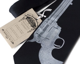 Aw Shoot black gun silk necktie. Antique revolver handgun silkscreen tie. Silver screen printed pistol on black.