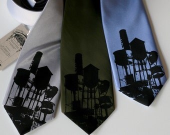 Detroit Watertowers, skyline tie. Men's screen printed necktie. Black print. Silkscreened microfiber. Your choice of colors.