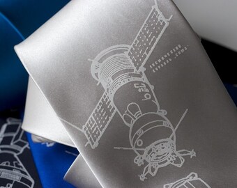 Rocket Science "Cosmonaut Apollo-Soyuz" silkscreen tie. Men's screen printed necktie. White ink.