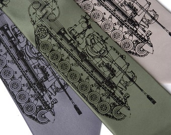 Tank necktie. "Tanked." Silkscreen necktie. German Panzer tank print. Black print. Choose standard or narrow width.