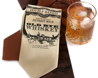 Whiskey Business screen printed silk necktie. Whiskey label prohibition-era inspired silkscreened men's tie. Black ink.