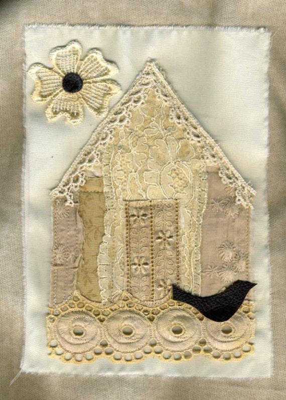 Mixed media fabric collage cottage style textile art Sweet