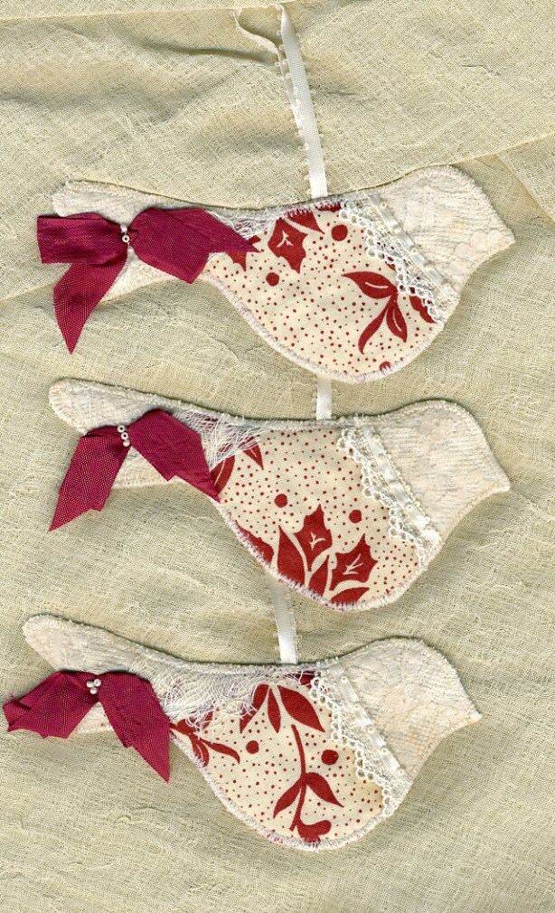 Christmas ornaments bird patchwork and lace ornaments set of