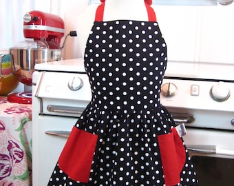 Vintage Inspired Black and White Polka Dot with RED Full Apron for Little Girls
