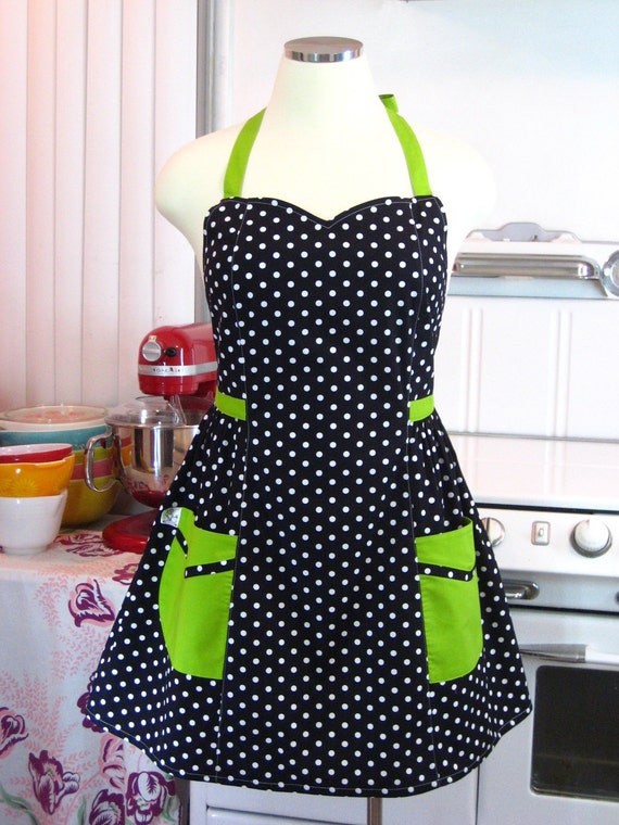 Plus Size Apron Polka Dot Black White with Lime Green
