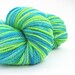 Aran superwash merino wool, hand-dyed worsted 10 ply, knitting crochet, Perran Yarn, Electric Ocean short stripe, lime green turquoise blue