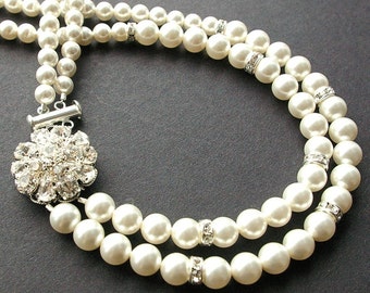 Pearl Bridal Necklace, Crystal Flower Wedding Necklace, Vintage Bridal Jewelry, Statement Wedding Jewelry, Ivory White Pearl Necklace, ELIZA
