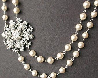 Crystal and Pearl Bridal Necklace Vintage Style by luxedeluxe