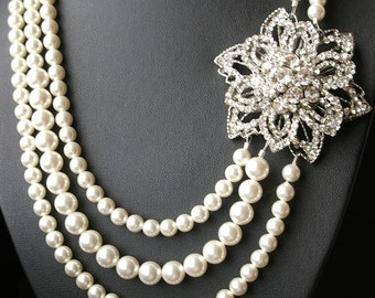 Statement Wedding Necklace, Crystal Bridal Necklace, Vintage Wedding Jewelry, Great Gatsby Jewelry, Triple Strand Pearl Necklace,ALYCIA