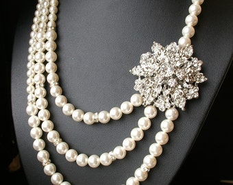 Art Deco Bridal Necklace, Pearl Bridal Jewelry, Statement Wedding Necklace, Swarovski Pearl Necklace, Vintage Wedding Jewelry, CORSAGE