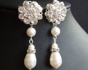 Dangly Crystal and Pearl Bridal Earrings, Ivory White Pearl Teardrop ...