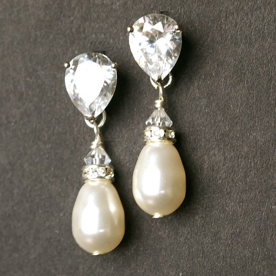 Pearl And Rhinestone Bridal Earrings Sterling Silver By Luxedeluxe 0849