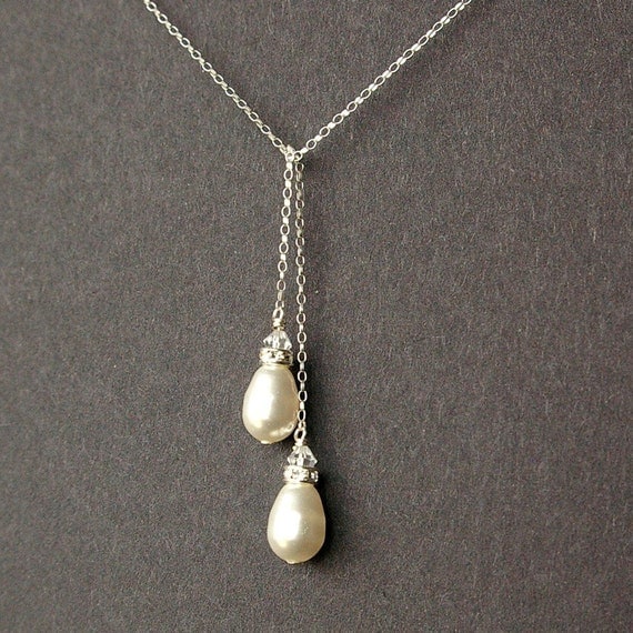 Items similar to Teardrop Pearl Necklace, Simple Bridal Necklace, Sterling Silver Lariat