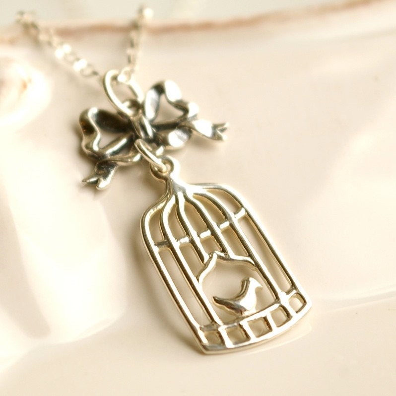 Sterling Silver Birdcage Charm & Ribbon Bow Necklace by luxedeluxe