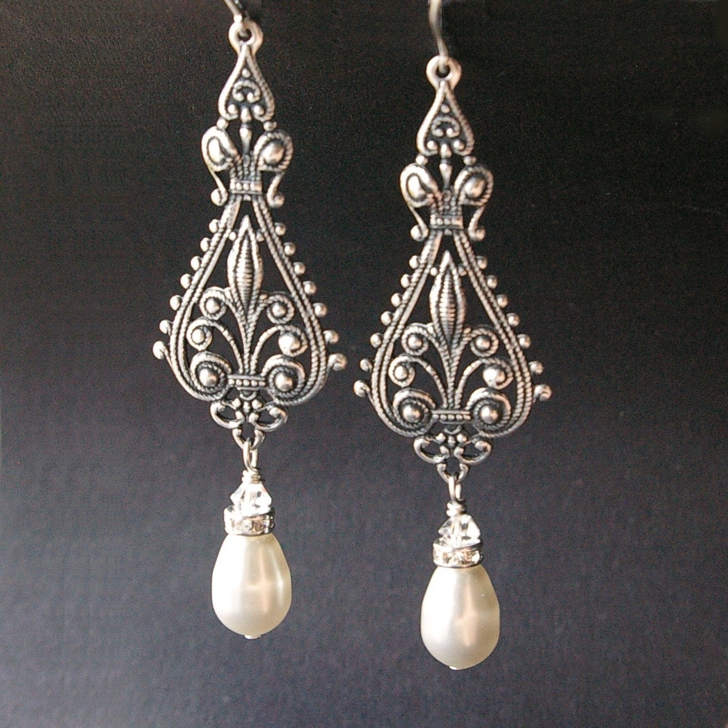 Vintage Bridal Earrings Silver Filigree Earrings Antiqued