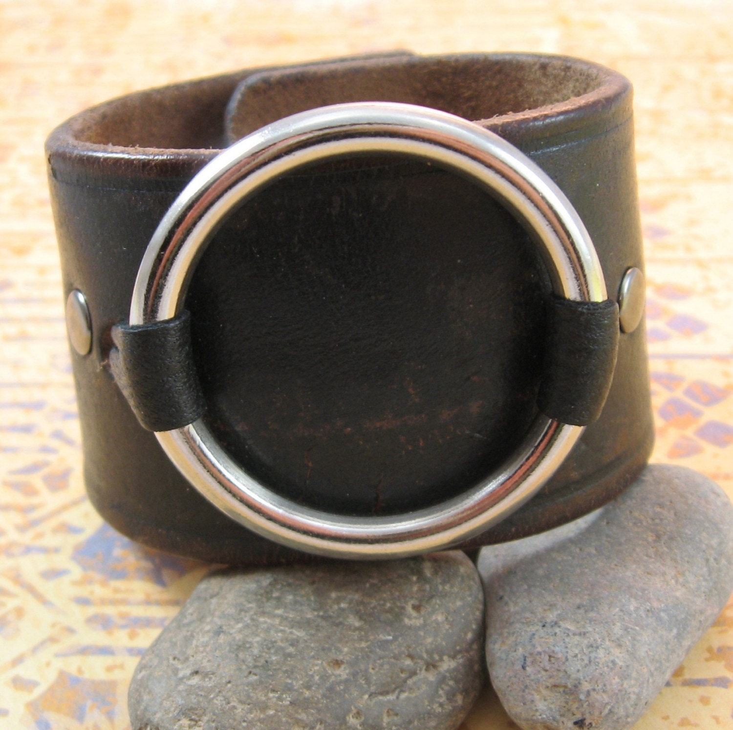 Black Leather Wrist Cuff with Large Metal Ring Upcycled