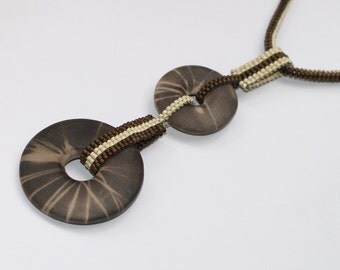 Arianrhod ... Necklace . Smoke Fired Clay . Donut Focals . Beadwoven . Ndebele Rope . Simple . Earthy . Dark Bronze . Sand . Unique
