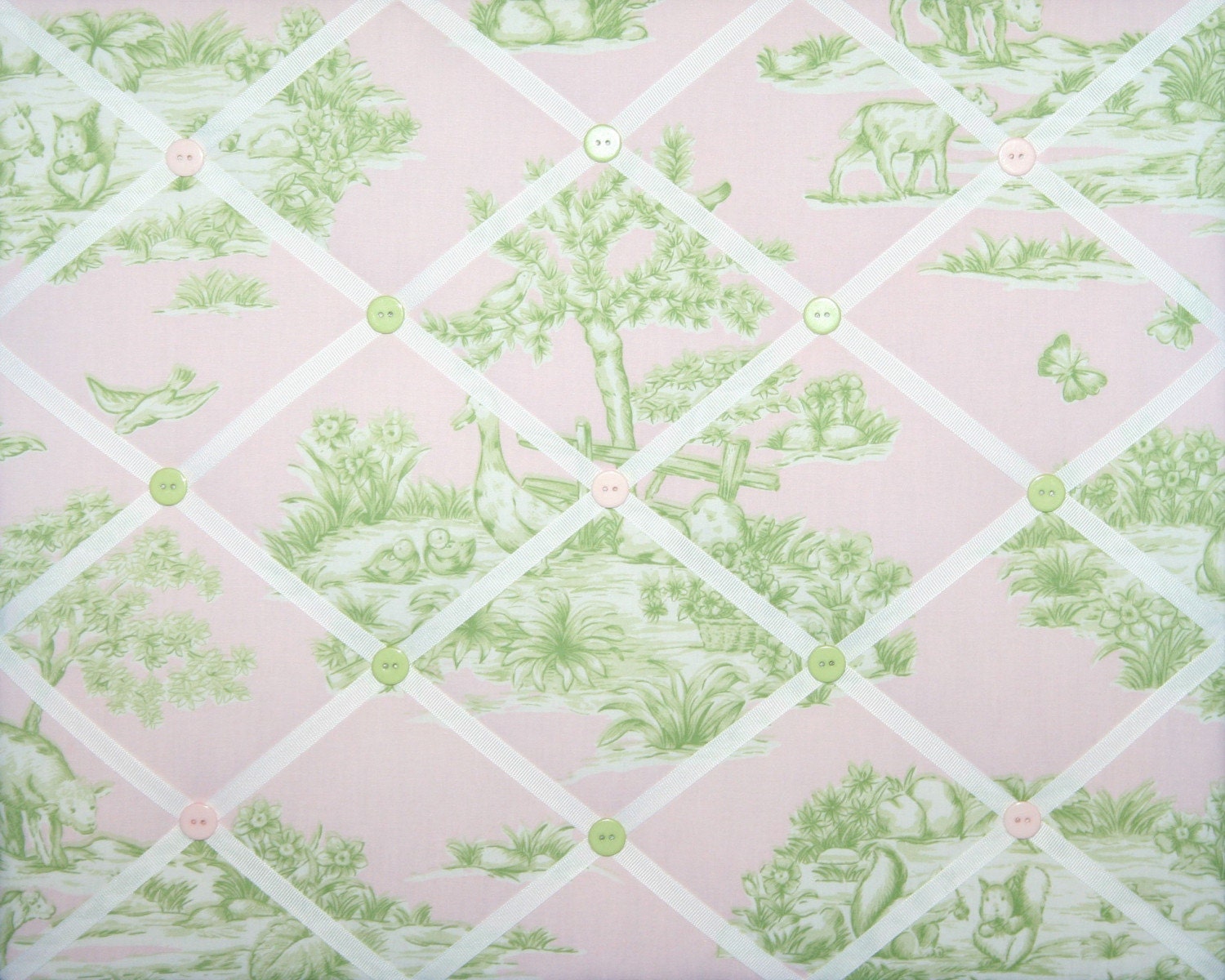 Pink Green Toile Memo Board With Fabric Buttons