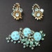 Vintage Retro Demi Parure Molded Turquoise Glass Blue Rhinestone Brooch and Earrings Gold Tone Metal