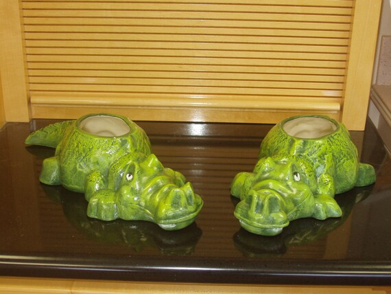 Pair of ceramic alligator planter flower pots hand painted