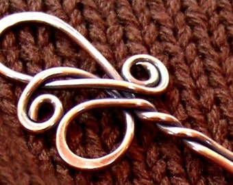 Elegant Copper Twist Shawl Pin - Hand and Heat Forged