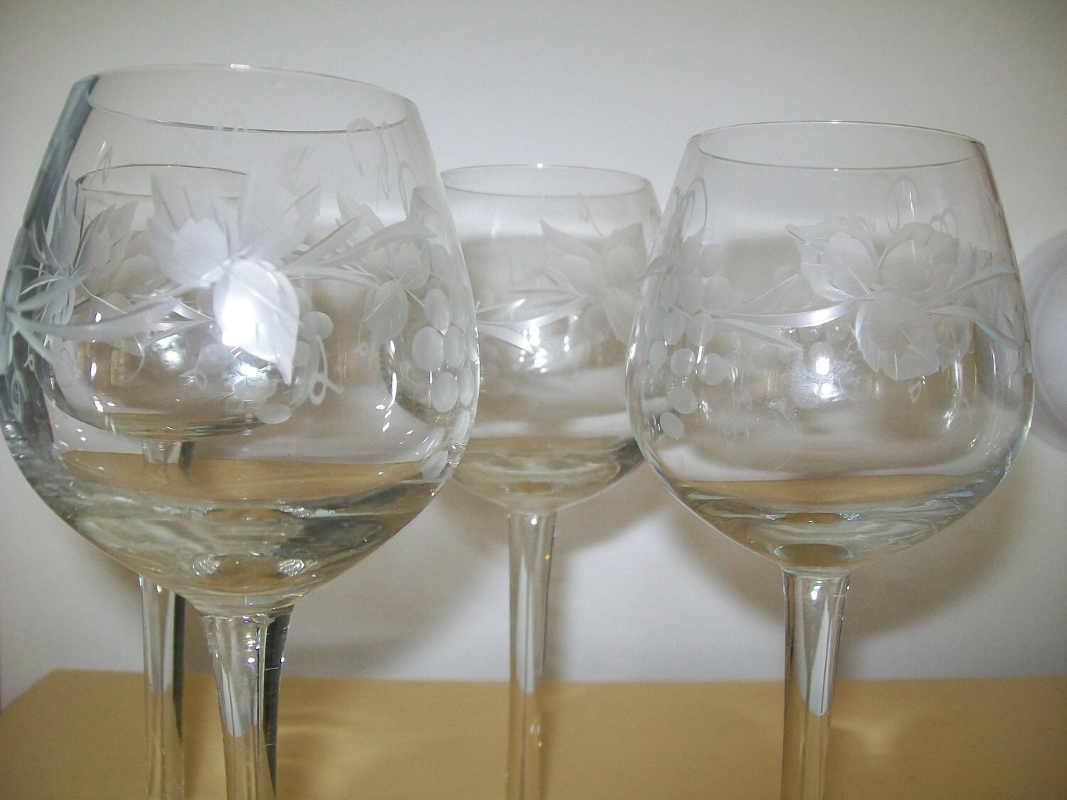 Etched wine glasses grapes Polish Poland delicate Set of 4