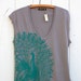 Pewter scoop neck tank with teal green peacock Size S