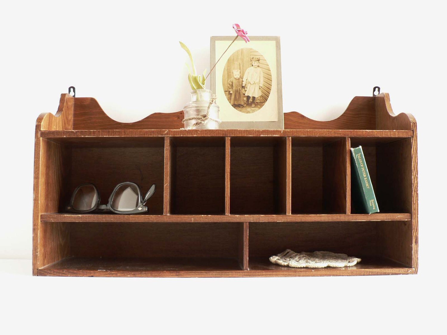 Mid Century Brown Wood Desk Organizer/ Cubby