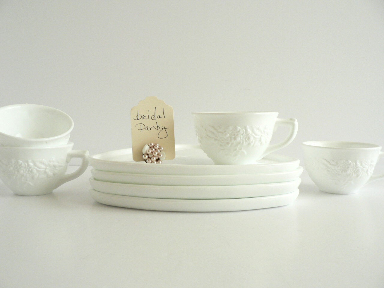 White Milkglass Dinnerware Set Raised Flower Pattern