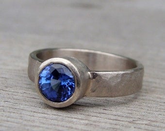 Chatham Lab-Created Cornflower Blue Sapphire and Recycled 18k Palladium White Gold Ring, Eco-Friendly Wedding/Engagement, Made to Order