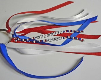 Personalized Ponytail Holder Ribbon Hair Tie Bow DOUBLE STRANDS of BEADS