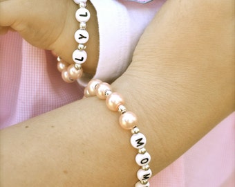 Mother Daughter Set of Personalized Pearl Name Bracelets Mother's Day Gift Baby Shower Gift Princess Crown Charm Mommy & Me Back to School