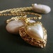 old fashioned love . gold heart and faux pearl necklace . one of a kind