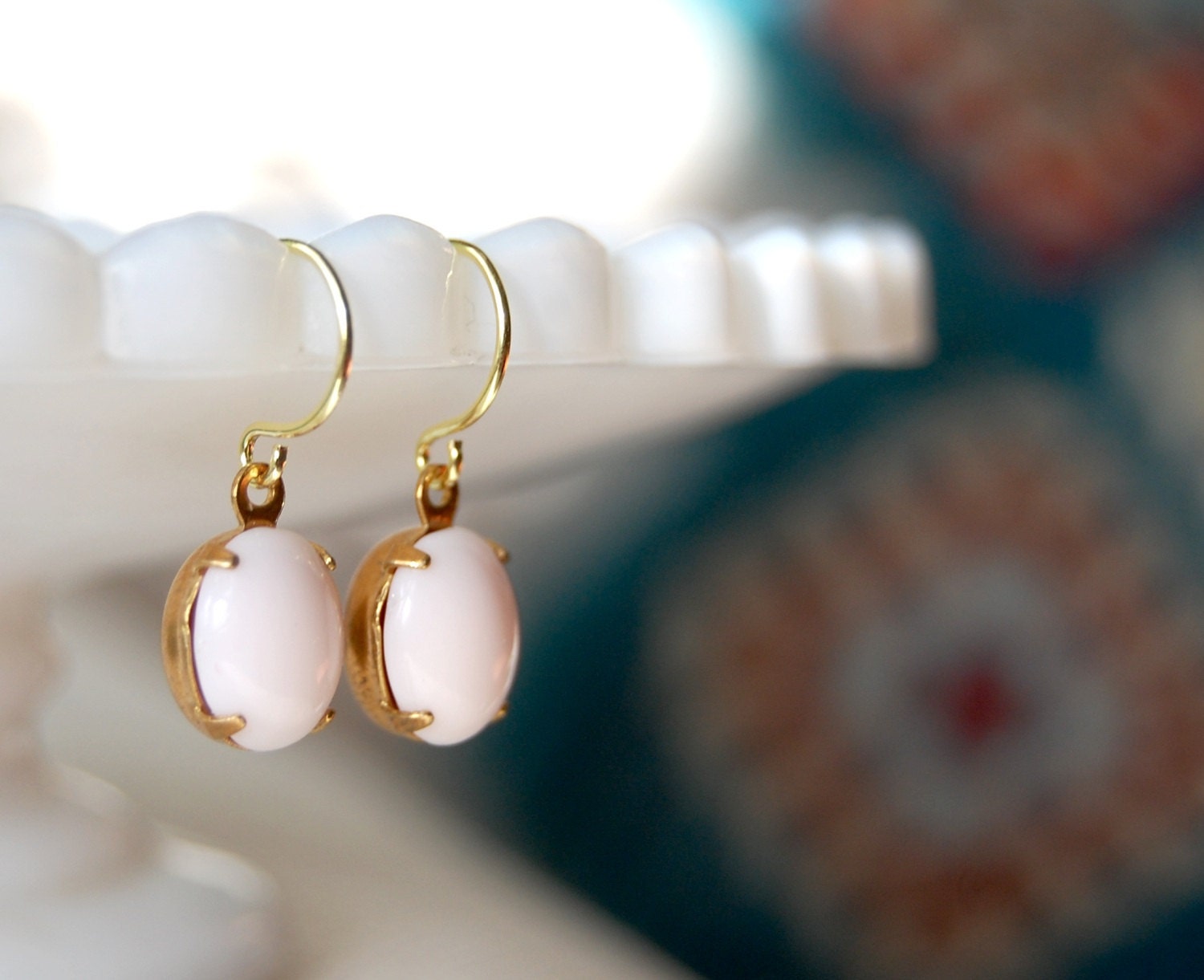 sweet and simple vintage glass dangle earrings pale pink