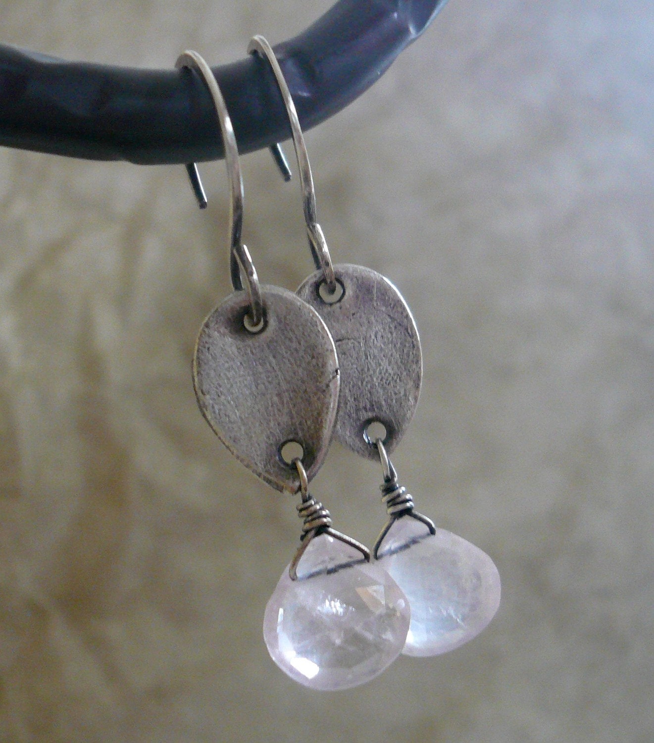 Blush Earrings Handmade. Rose Quartz. Oxidized fine and
