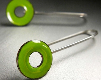 Lifesaver Drop Earrings, Lime Green Kiln-Fired Glass Enamel and Sterling Silver