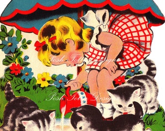 A Bowl of Milk For The Kittens 1940s Greetings Card Vintage Digital Download Printable Images (182)
