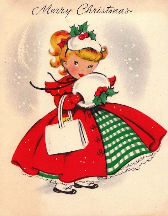 Vintage 1950s Merry Christmas Little Girl In The Snow