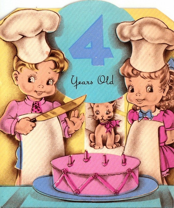Vintage 1940s 4 Year Old Birthday Greetings Card B6