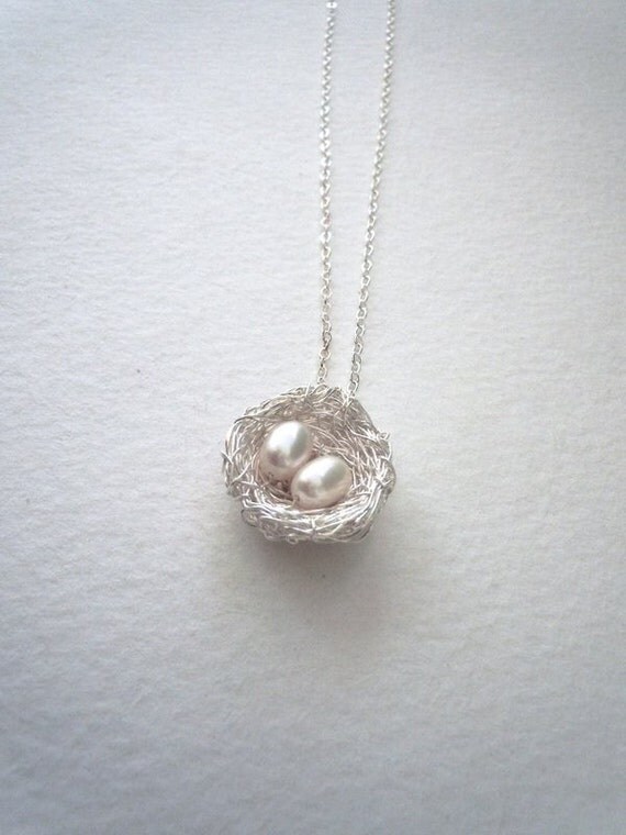bird nest necklace bright silver 2 pearl eggs