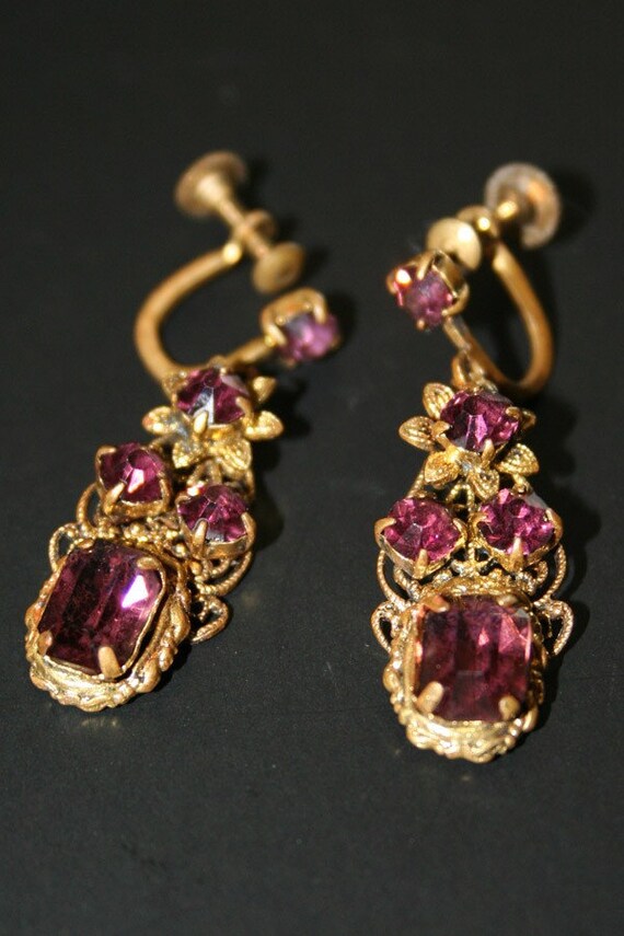 Antique Amethyst Screw Back earrings Signed CZECHOSLOVAKIA